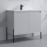 Dowell 36“ Fluted Bathroom Vanity Set – Assembled Cabinet Base with 2 Soft-Close Doors, Shelves & Ceramic/Resin Single Basin, Black/Golden Legs- 002 36 Series